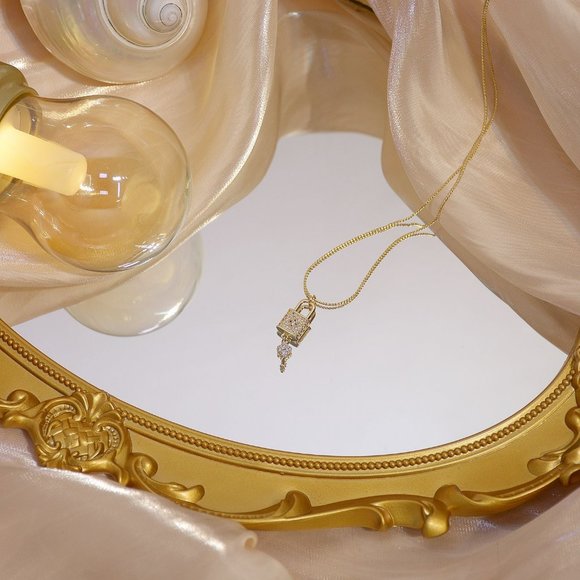 NEW 14K Gold Plated Diamond Lock Key Necklace - Picture 10 of 14